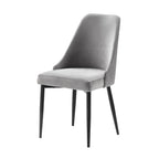 Gray Velvet Dining Chair with Curved Back, Black Metal Legs, Set of 2