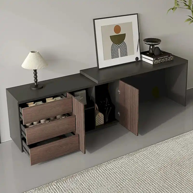Home Office Expandable Desk with Storage Drawers and Cabinet